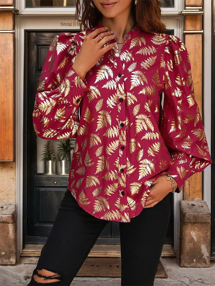 Autumn Fern Print Blouse - Women Golden Long Sleeve Shirt Blouses