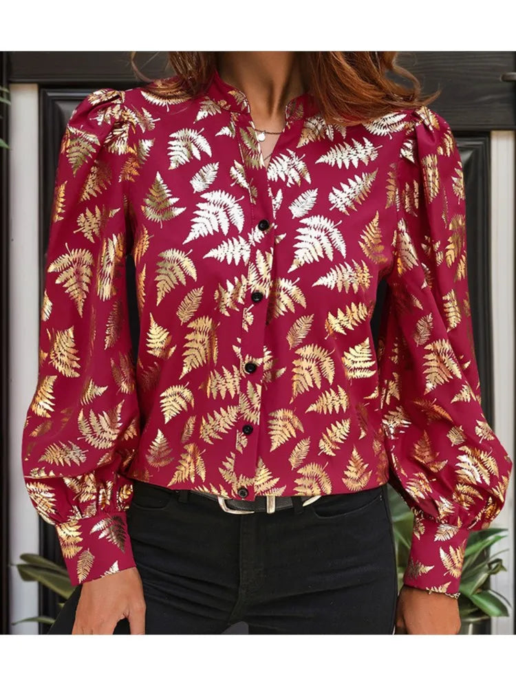 Autumn Fern Print Blouse - Women Golden Long Sleeve Shirt Blouses