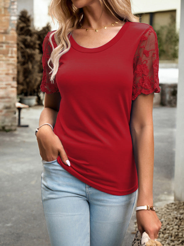 Crew Neck Blouse T-Shirt with Lace Sleeves for Women Blouses