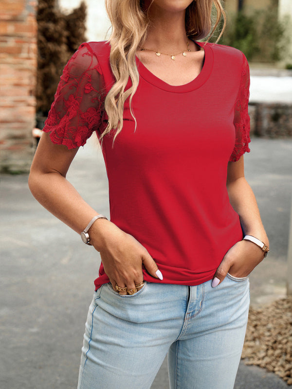 Crew Neck Blouse T-Shirt with Lace Sleeves for Women Blouses