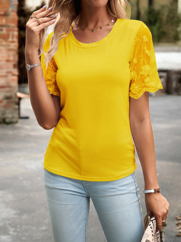 Crew Neck Blouse T-Shirt with Lace Sleeves for Women Blouses