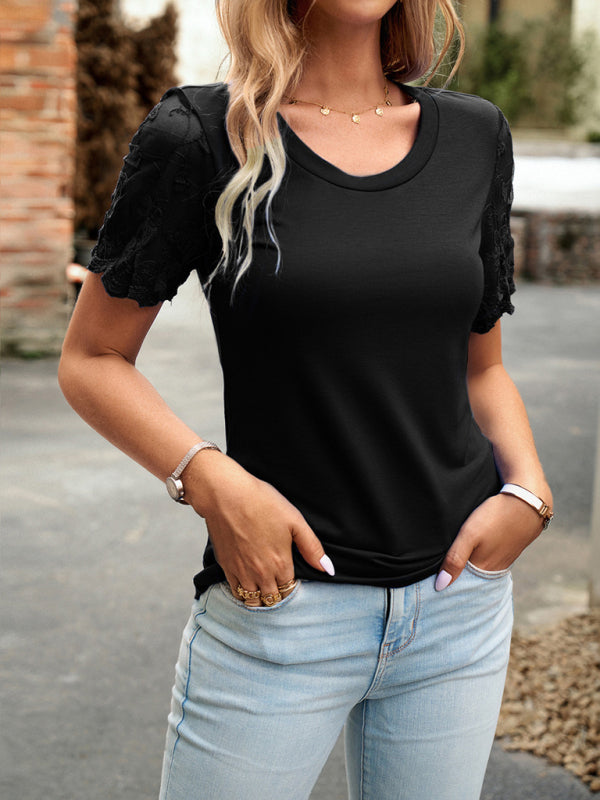 Crew Neck Blouse T-Shirt with Lace Sleeves for Women Blouses