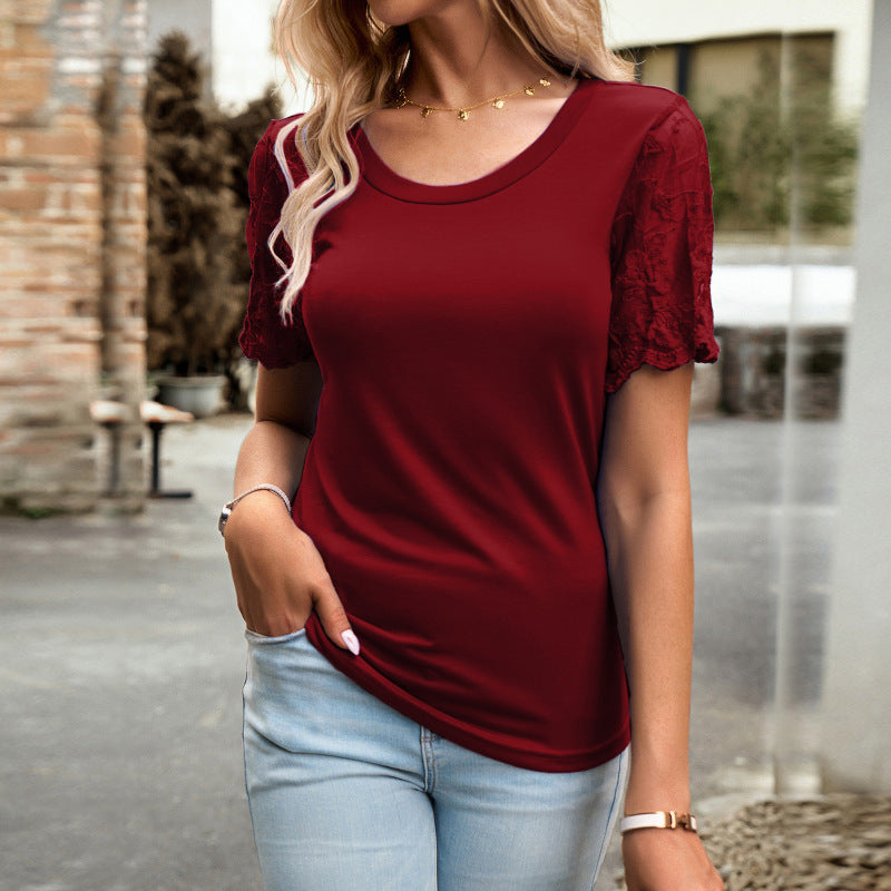 Crew Neck Blouse T-Shirt with Lace Sleeves for Women Blouses