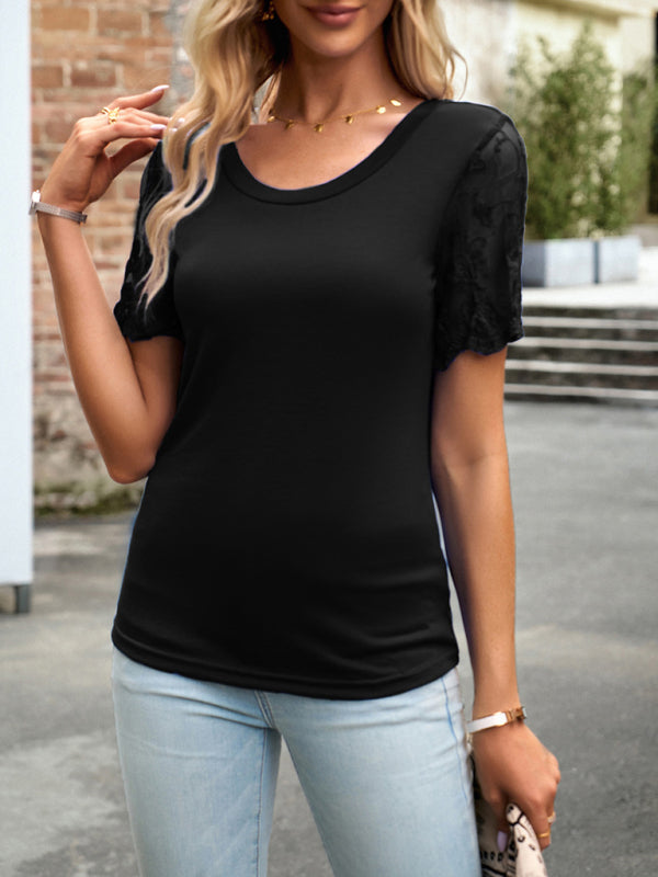 Crew Neck Blouse T-Shirt with Lace Sleeves for Women Blouses