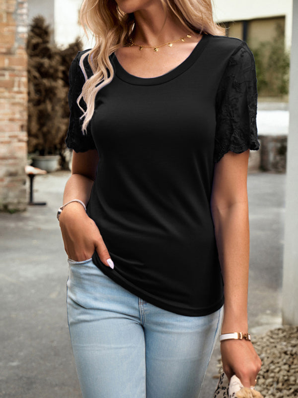 Crew Neck Blouse T-Shirt with Lace Sleeves for Women Blouses