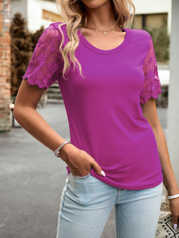 Crew Neck Blouse T-Shirt with Lace Sleeves for Women Blouses