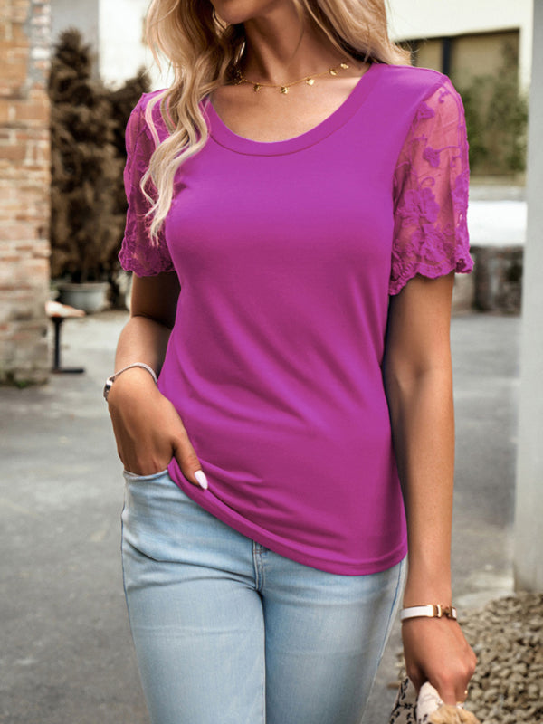 Crew Neck Blouse T-Shirt with Lace Sleeves for Women Blouses