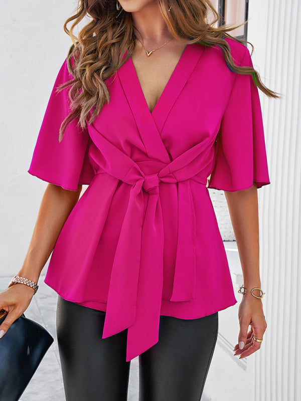 Surplice V-Neck Blouse - Women's Elegant Gathered Knot Waist