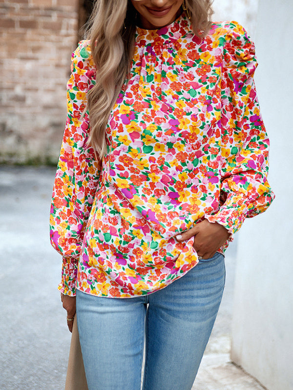 Business Casual Abstract Blouse with Smocked Puff Sleeves | Blouses