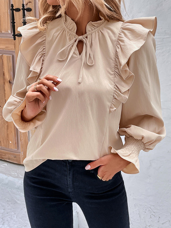 Textured Ruffle Bishop Long Sleeve Blouse Blouses