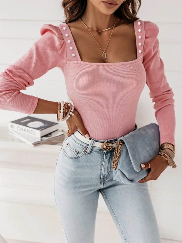 Square Neck Modal Blouse with Pearls & Puff Sleeves