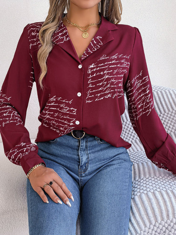 👕Letter Print Shirt - Notch Collar, Long Sleeve, Button-Down