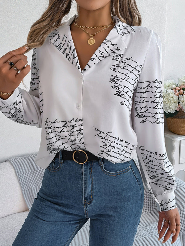 👕Letter Print Shirt - Notch Collar, Long Sleeve, Button-Down