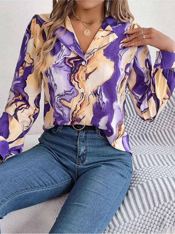 Notch Lapel Shirt - Elegant Abstract Print, Long sleeve Blouse