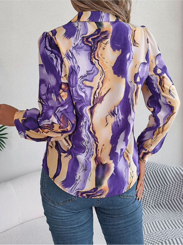 Notch Lapel Shirt - Elegant Abstract Print, Long sleeve Blouse