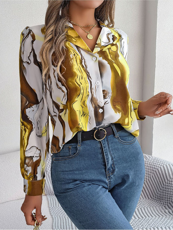 Notch Lapel Shirt - Elegant Abstract Print, Long sleeve Blouse