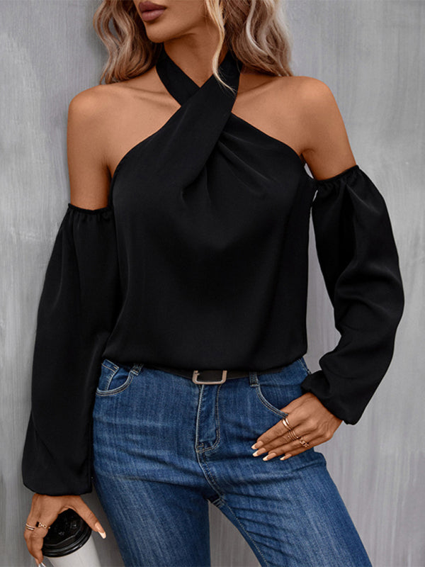 Trendy Criss-Cross Halter Neck Long Sleeve Top