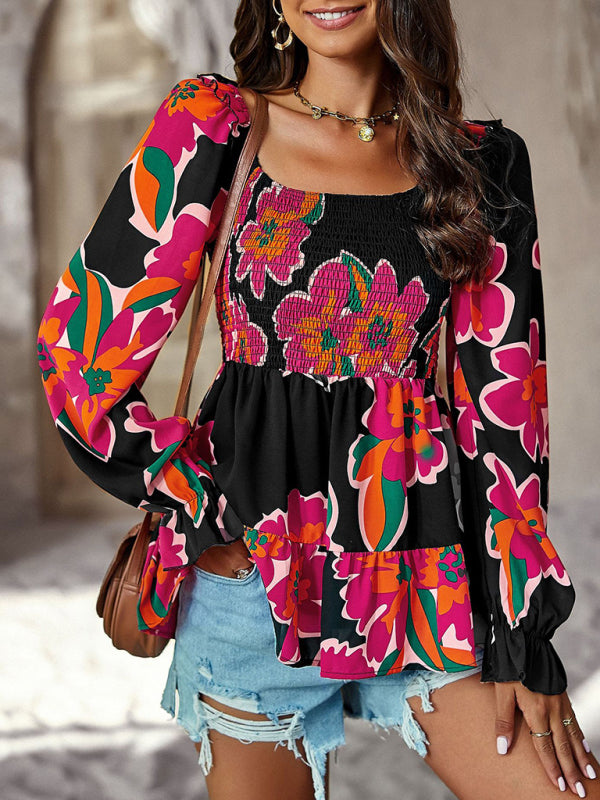 Trendy Floral Peplum Top with Square Neck and Long Lantern Sleeves