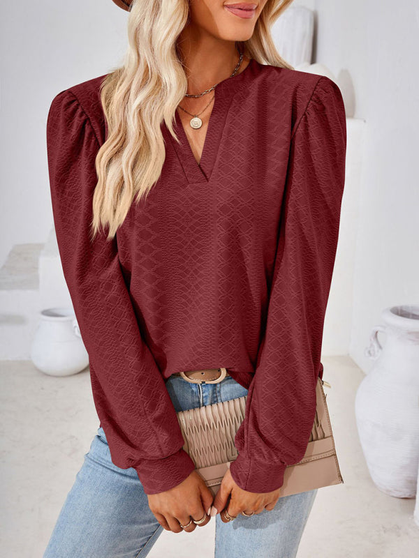 Jacquard Chevron V-Neck Blouse -  Long Puff Sleeve Texture