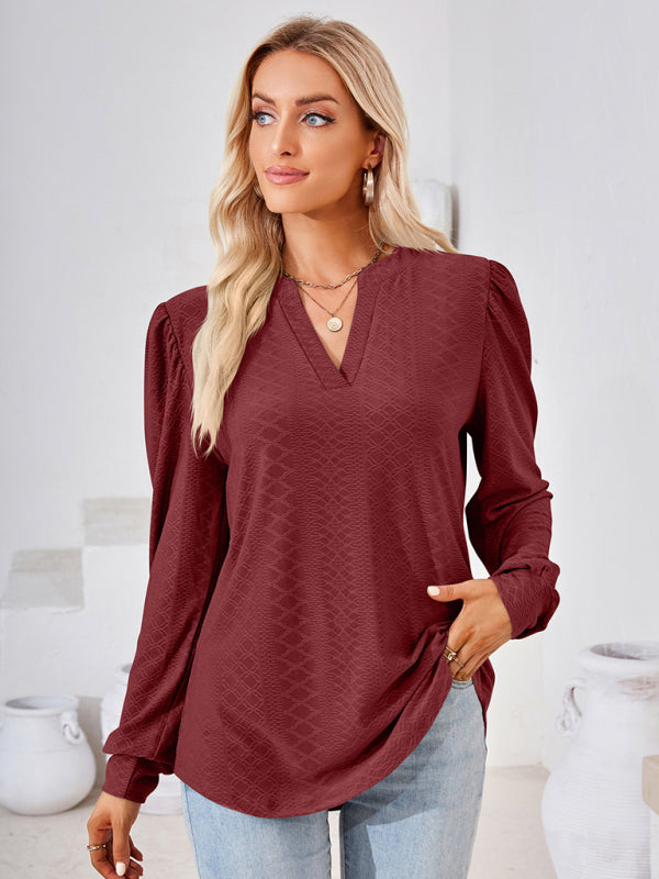 Casual Chevron Jacquard Top with Puff Sleeves | T-Shirts