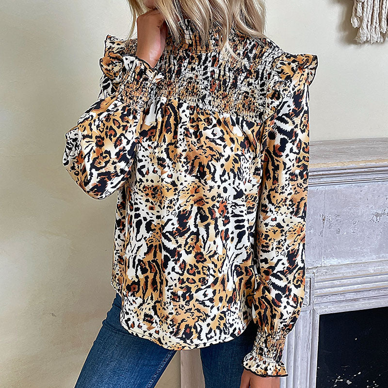 Leopard Print Ruffle Trim Blouse for Daily Wear