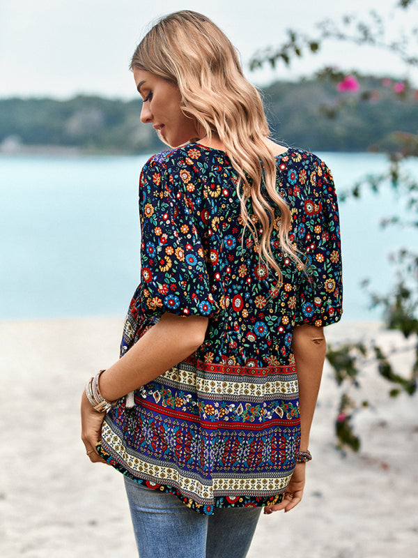 Chic Boho Print Blouse - Peplum Silhouette & Tassel Drawstring