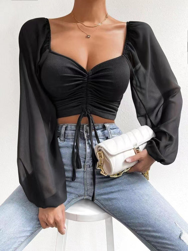 Stylish Adjustable Crop Ruched Blouse - Women's Balloon Sleeves