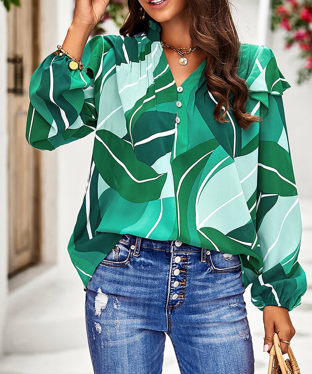 Elegant Floral Lantern Sleeve Blouse - Ruffle & Pleated Accents