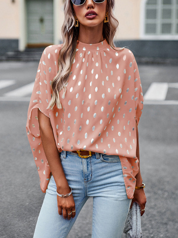 High Neck Polka Dot Blouse with Batwing Sleeves | Blouses