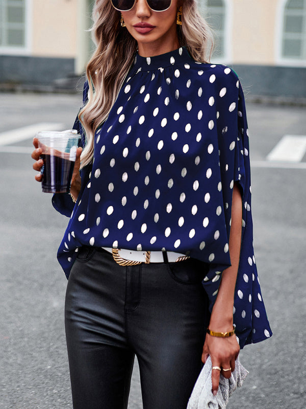 High Neck Polka Dot Blouse with Batwing Sleeves | Blouses