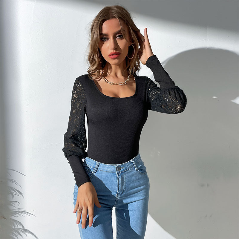 Stylish Slim Fit Top with Lace Sleeve Detail - Bodysuit