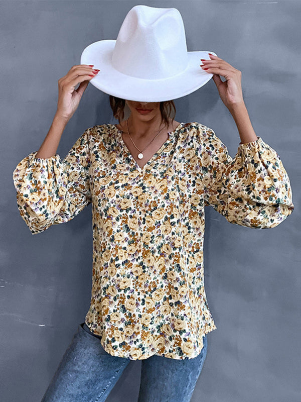 Floral Print Delight: Women's Lantern Sleeve Blouse - V Neck