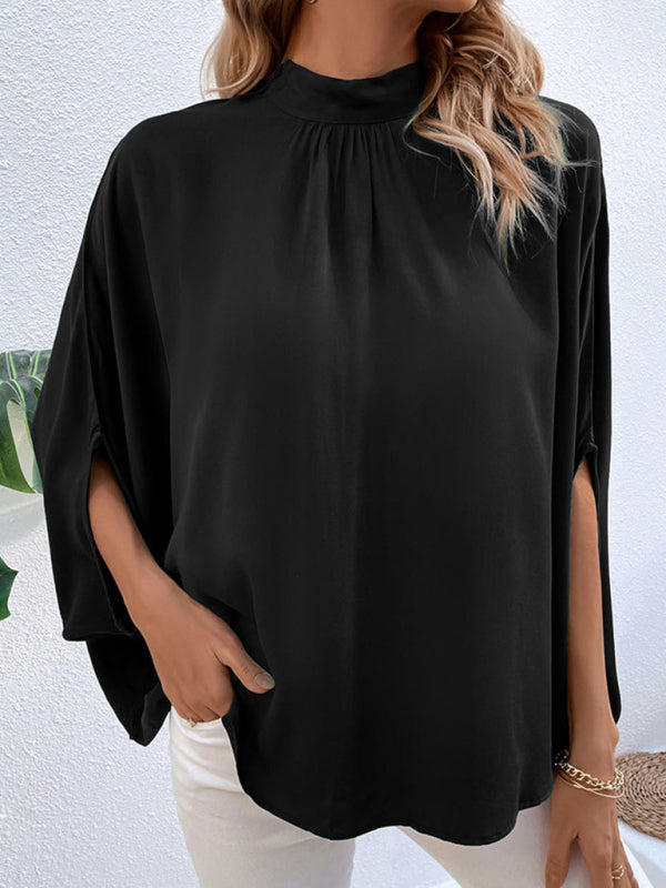 Stand Collar Batwing Sleeve Top with Back Tie | Blouses