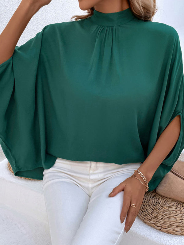 Elegant Women's Batwing Sleeves Blouse: Stand Collar, Tie Back