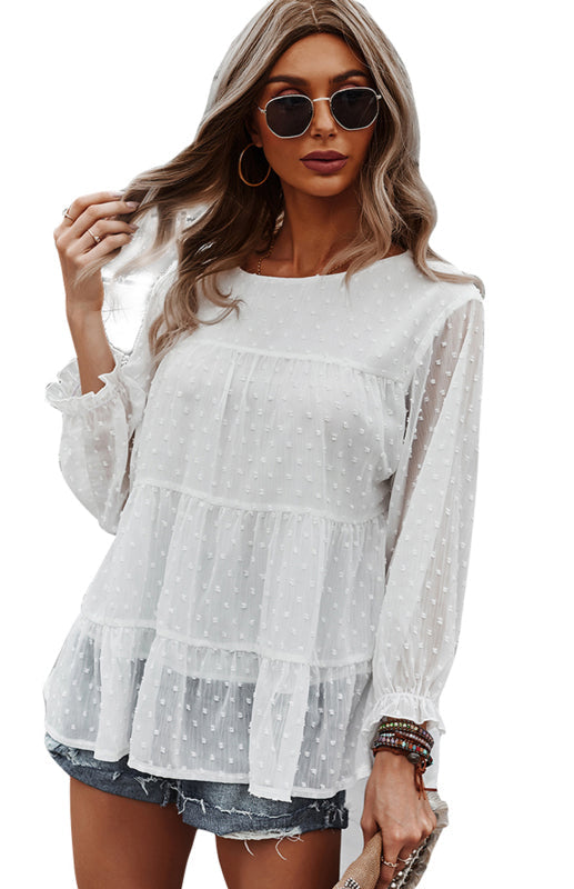 Solid Chiffon Blouse with Tiered Ruffles & Balloon Sleeves | Blouses