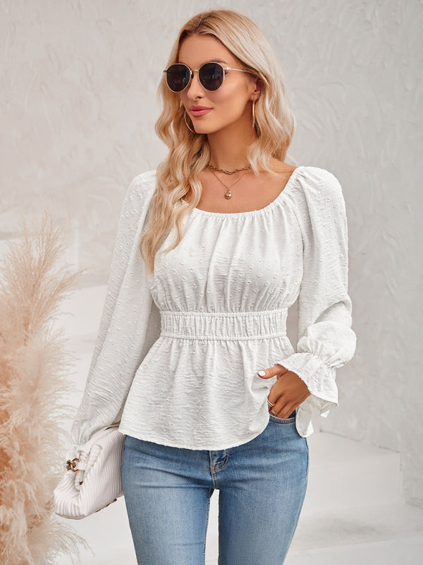 Swiss Dot Square Neck Peplum Top with Bishop Sleeves