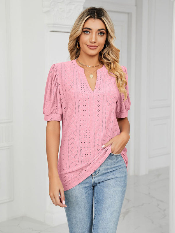 Eyelet V-Neck Blouse - Summer Puff Sleeve Top Top