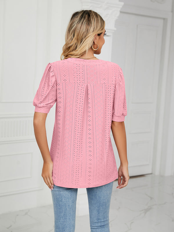 Eyelet V-Neck Blouse - Summer Puff Sleeve Top Top