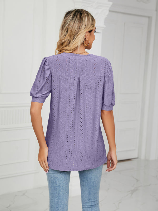 Eyelet V-Neck Blouse - Summer Puff Sleeve Top Top