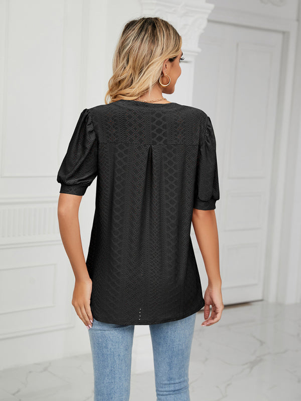 Eyelet V-Neck Blouse - Summer Puff Sleeve Top Top