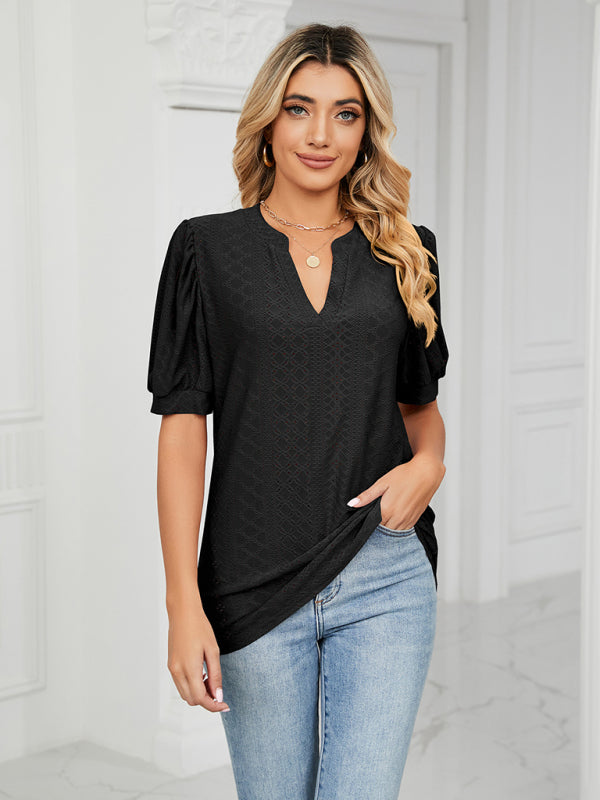 Eyelet V-Neck Blouse - Summer Puff Sleeve Top Top