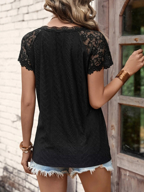 Women's V-Neck Lace Detail Top for Spring-Summer Casual Wear | Top