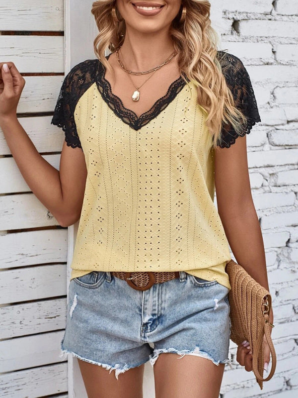 Women's V-Neck Lace Detail Top for Spring-Summer Casual Wear | Top