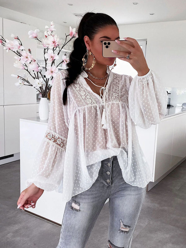 Casual Blouse with Lace and Balloon Sleeves