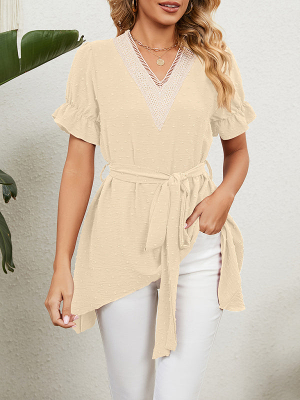 Tie-Front Chiffon Blouse with Asymmetrical Hem and Lace Accents