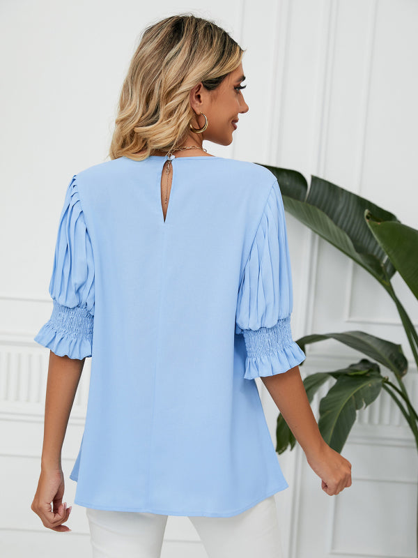 Puff Sleeve Blouse - Pleated Sleeve Top Tops