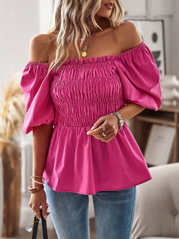 Spring/Summer Off-Shoulder Solid Blouse, Short Puff Sleeves