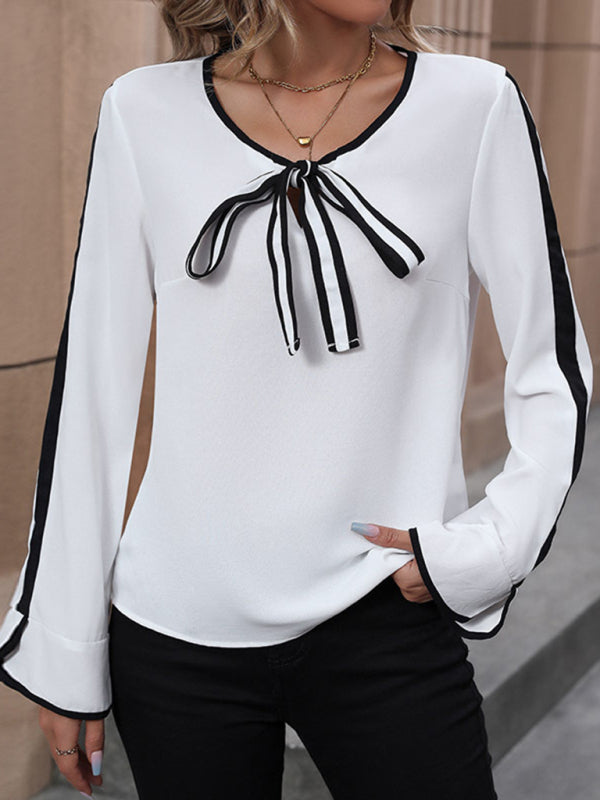 Long-Sleeve V-Neck Blouse with Knot Detail for Women