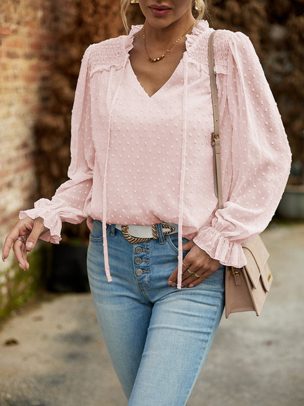 Elegant V-Neck Swiss Dot Blouse with Bishop Sleeves