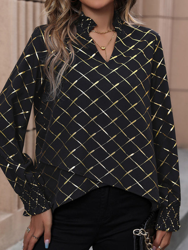 Elegant V-Neck Long Sleeve Blouse with Gold Print